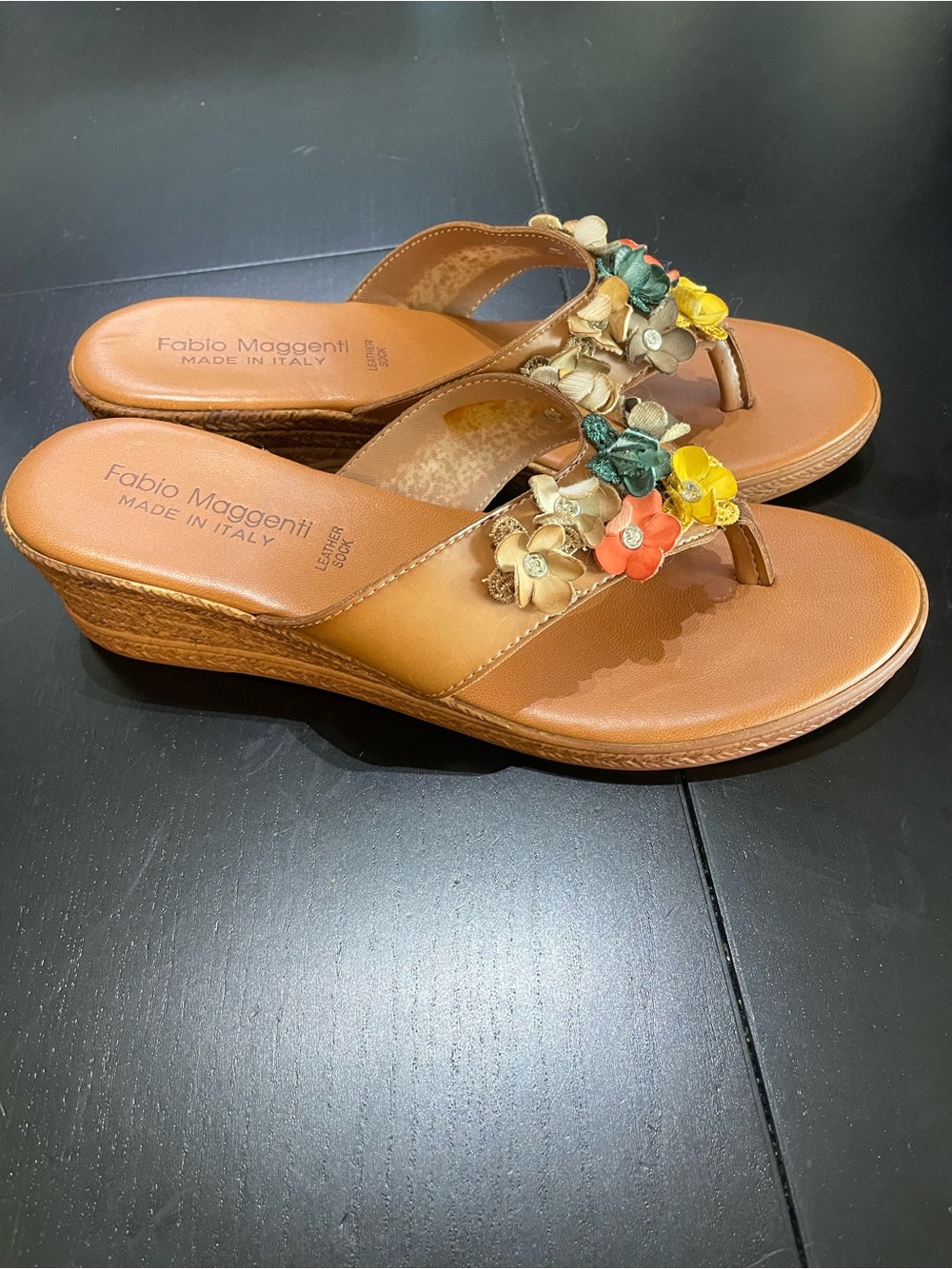 Fabio Maggenti Sandal ladies 9Tan Multi Floral Leather stone Italy shoes wedge
